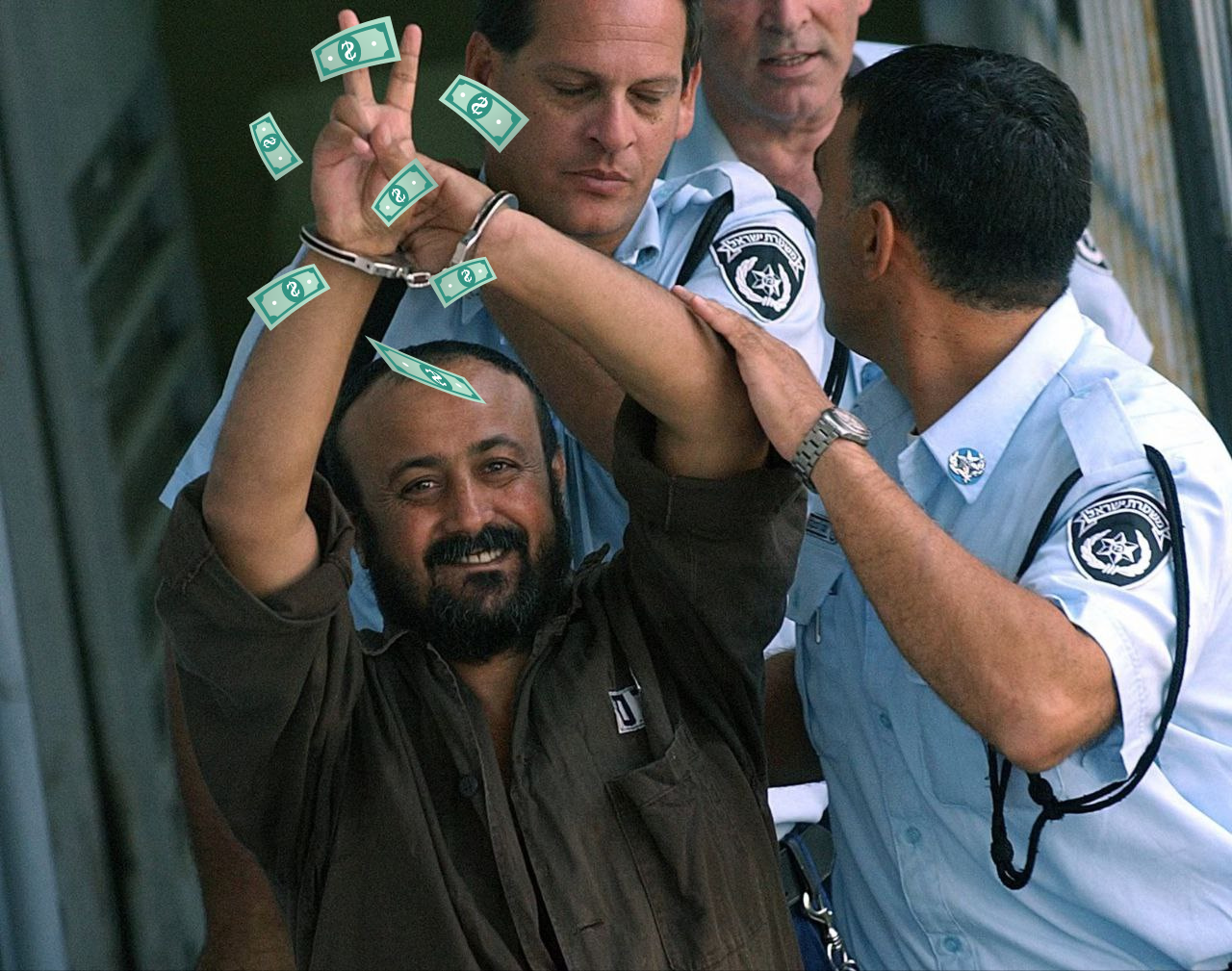 Image of Barghouti surrounded by cash