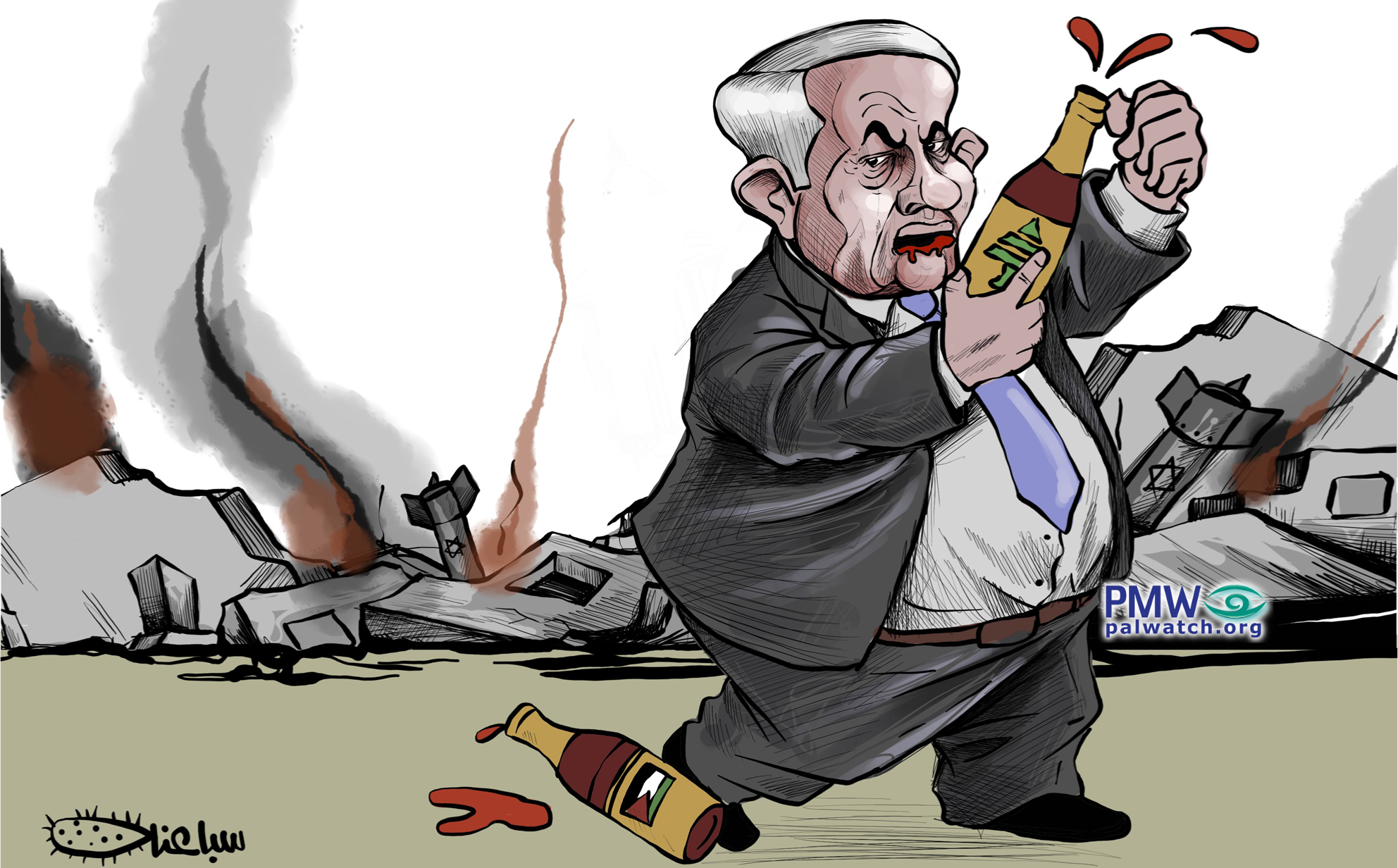 Cartoon depicting Israeli Prime Minister Benjamin Netanyahu with an empty bottle of Palestinian blood to his legs and opening a bottle of Lebanese blood