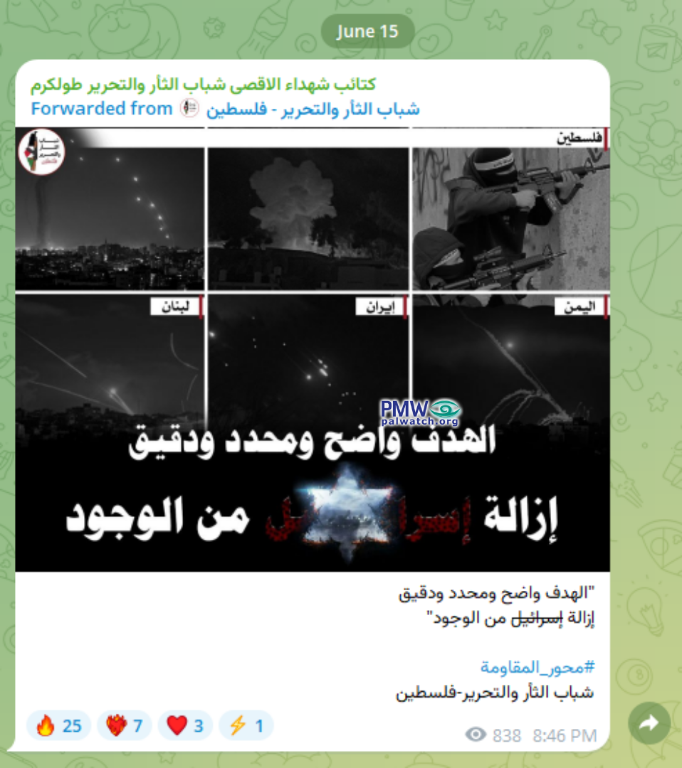 Terrorists, explosions, and missile launches from “Palestine,” “Lebanon,” “Iran,” and “Yemen.” Logo shows a rifle over a map erasing Israel. Text: The goal is clear, defined, and precise - eliminating Israel from existence.